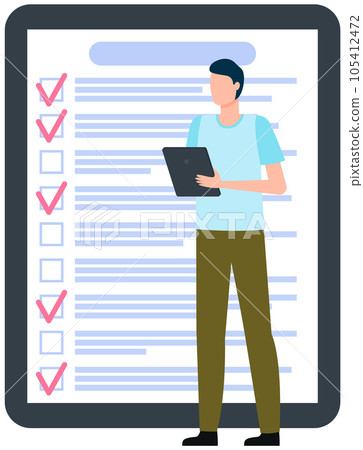 Month scheduling, to do list, time management. Businessman stands near checklist and planning 105412472