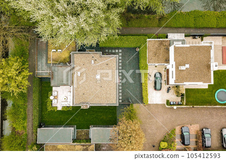 an aerial view of a house with a pool in the fore - image is taken from above, looking down an aerial view of a house with a pool in the fore - image is taken from above, looking down 105412593
