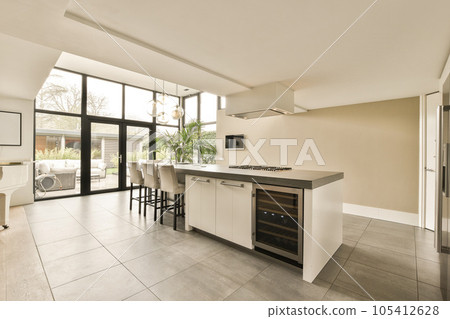 a kitchen and dining area in a house with large glass doors that open to the patio, which has been used for several years a kitchen and dining area in a house with large glass doors that open to the patio, which has been used for several years 105412628