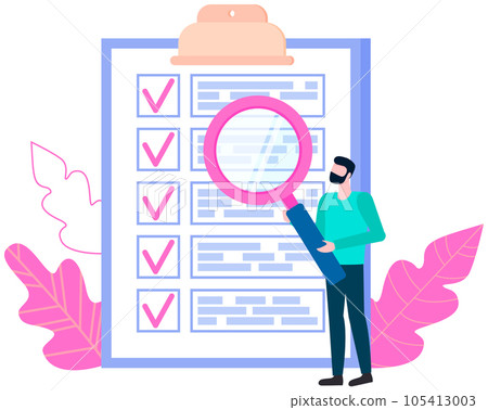 Man studying to do list with magnifier. Person with magnifying glass looks at checklist on clipboard 105413003