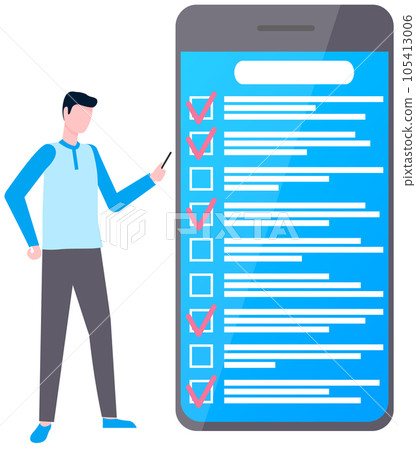 Month scheduling, to do list, time management app. Businessman stands near checklist on smartphone 105413006