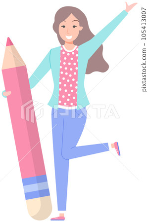 Joyful woman, female writer, interviewer joins some event with her open arms and pencil in hand Joyful woman, female writer, interviewer joins some event with her open arms and pencil in hand 105413007