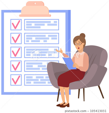 Terrified woman sitting near to do list and planning. Plan fulfilled, task completed, timetable 105413031