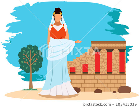 Roman woman in traditional clothes, citizen of ancient rome near destroyed building with columns Roman woman in traditional clothes, citizen of ancient rome near destroyed building with columns 105413039