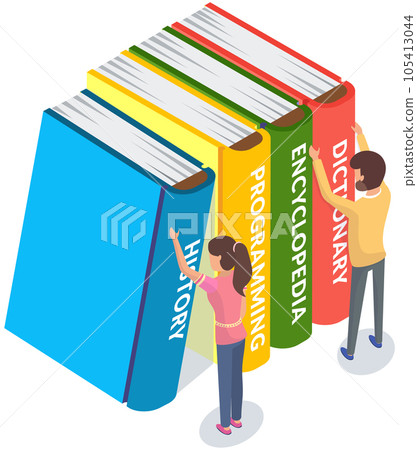Persons choose books in online library or bookstore, man and woman stand near stack of books Persons choose books in online library or bookstore, man and woman stand near stack of books 105413044