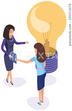 Female characters develop creative business idea. People communicate and stand near big light bulb Female characters develop creative business idea. People communicate and stand near big light bulb 105413078