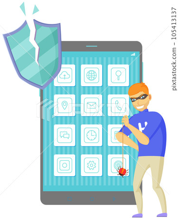 Hacker breaks into smartphone, cracks apps, hacking protection system. Cyber attacker trying to hack Hacker breaks into smartphone, cracks apps, hacking protection system. Cyber attacker trying to hack 105413137