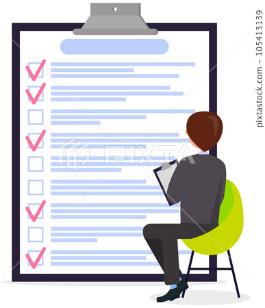 Month scheduling, to do list, time management. Businessman stands near checklist and planning Month scheduling, to do list, time management. Businessman stands near checklist and planning 105413139