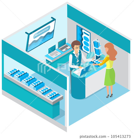 New technologies, computers at exhibition. Woman watches presentation of laptop near promotion stand 105413273