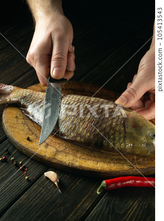 Cleaning carp on a kitchen cutting board with the hands of a chef. Cooking a fish diet in a restaurant kitchen. Copy space. 105413543