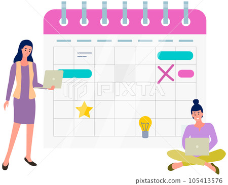 Business activity planning, time management. Employees working with laptops with schedule, calendar 105413576