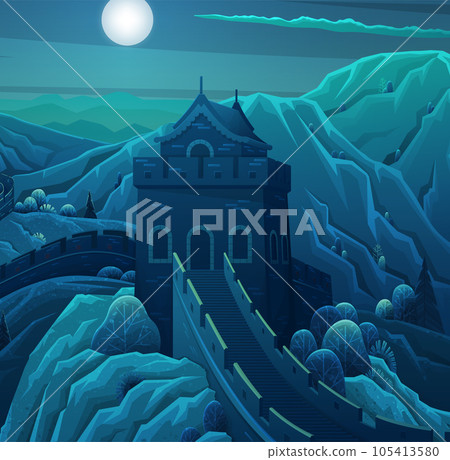 World famous landmark - Great Chinese Wall beautiful night landscape, monumental giant structure 105413580