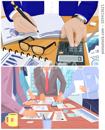 Employees analyze statistical indicators, business data. Characters work with marketing research 105413621