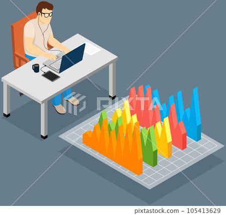 Employees analyze statistical indicators, business data. Characters work with marketing research 105413629