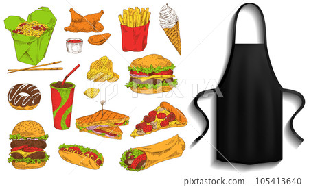 Protective garment for cooking near food icons. Apron next to fastfood dishes vector illustration 105413640