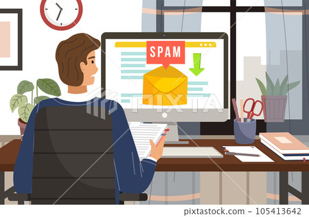 Man recieves email with spam. Mailing of advertising correspondence. Warning window appear on screen Man recieves email with spam. Mailing of advertising correspondence. Warning window appear on screen 105413642