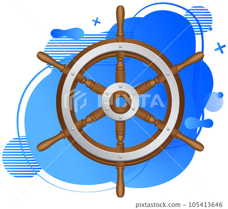 Wooden steering wheel for ship on white background. Rudder for boat control. Adventure sea trip 105413646
