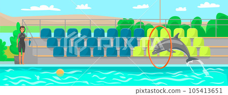 Dolphin shows trick, jumps through hoop on background of seats for spectators during training 105413651