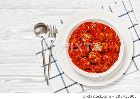 Iowa Ham Balls with tomato sauce in bowl Iowa Ham Balls with tomato sauce in bowl 105413903