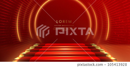 Elegant red stage with gold diagonal glowing lighting effect and sparkle. Template premium award design. 105413928