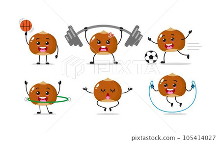 Hazelnut Exercise Different Sport Activity Vector Illustration Sticker. Nut Many Face expression set. Hazelnut Exercise Different Sport Activity Vector Illustration Sticker. Nut Many Face expression set. 105414027