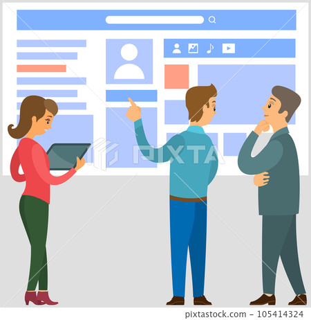 Colleagues discussing design of customer profile. Employees work with account in social network 105414324