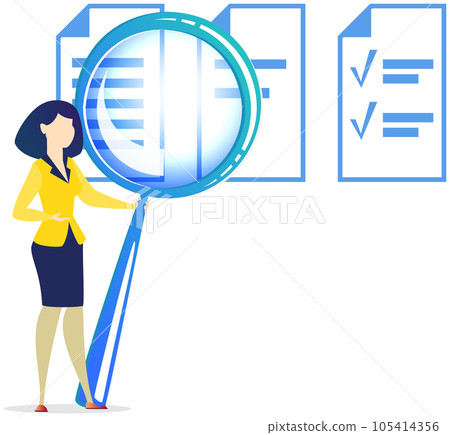Businesswoman enlarges documents using magnifier. Lady standing with huge magnifying glass 105414356