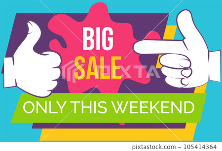 Big sale banner. Sale and discounts. Big discount with human hand pointing to advertising phrase 105414364