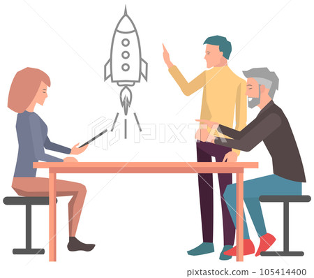 Businesspeople working with rocket as symbol of new startup launch, business idea development 105414400