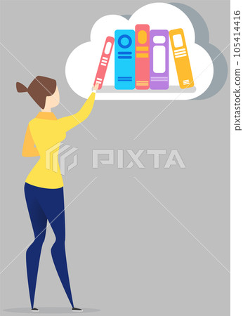 Woman selects literature, book in cloud storage. Reading books with digital services concept 105414416