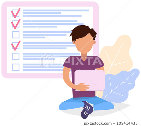 Male character with checklist, task planner program on computer. Man sits with laptop near clipboard Male character with checklist, task planner program on computer. Man sits with laptop near clipboard 105414435