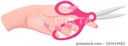 Iron scissors in human hand. Tool made of blades and plastic handle isolated on white background 105414483