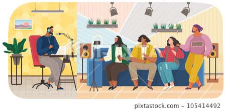 Characters giving interview to female journalist. Live report with guests of radio station Characters giving interview to female journalist. Live report with guests of radio station 105414492