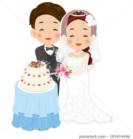 切蛋糕微笑的男人和女人穿著純白色連衣裙 2 105414496