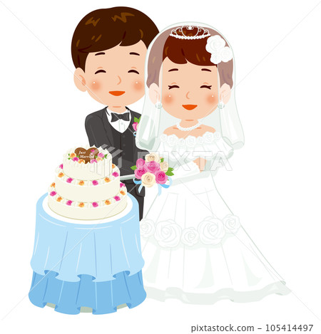 切蛋糕微笑的男人和女人穿著純白色的連衣裙 1 105414497