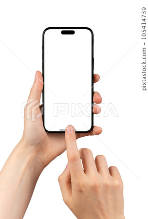Berlin, Germany July 15 2023 Iphone 14 pro max mockup, click finger on phone screen isolated white Berlin, Germany July 15 2023 Iphone 14 pro max mockup, click finger on phone screen isolated white 105414739