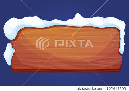 Old wooden blank, signboard with snow in cartoon style.Empty frame, direction plank isolated on white background. Game element Season decoration Old wooden blank, signboard with snow in cartoon style.Empty frame, direction plank isolated on white background. Game element Season decoration 105415203