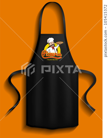 Aprons with pizzeria logos. Clothes for working and cooking in kitchen of pizza restaurant 105415372