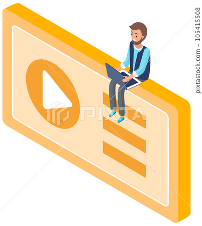 Man sitting on movie player button, watching content online. Video playback application for computer Man sitting on movie player button, watching content online. Video playback application for computer 105415508