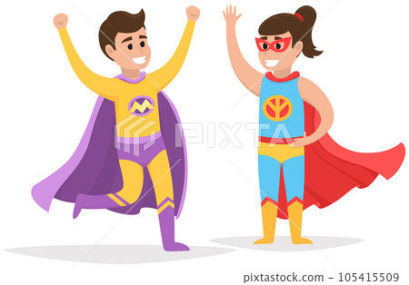 Strong super man smiles and flies to save world. Brave character in superhero costume with cloak Strong super man smiles and flies to save world. Brave character in superhero costume with cloak 105415509
