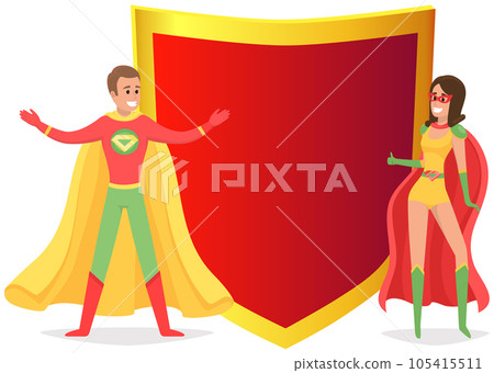 Strong super man smiles and flies to save world. Brave character in superhero costume with cloak Strong super man smiles and flies to save world. Brave character in superhero costume with cloak 105415511