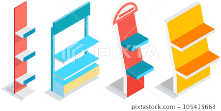 Trading equipment set, empty shelves for goods. Store furniture with free space for products display 105415663