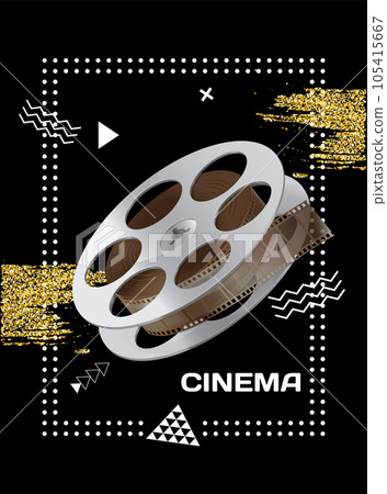 Cinema poster movie and photography film strip wound on bobbin, vector flat element in vintage style 105415667