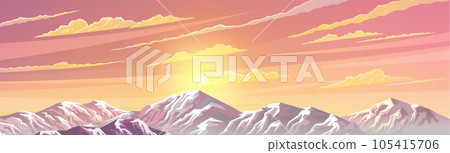 Beautiful horizon with mountaine scenery, snow-capped peaks, sunrise or sunset on clear bright day 105415706