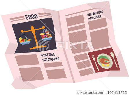 Vintage newspaper of healthy food. News articles newsprint magazine old design. Printing text in preess Vintage newspaper of healthy food. News articles newsprint magazine old design. Printing text in preess 105415715