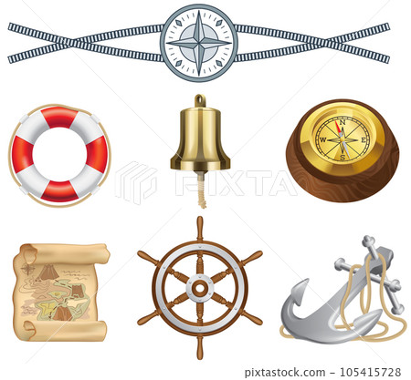 Attributes of marine theme vector set isolated rope, lifebuoy, vintage compass and steering wheel 105415728