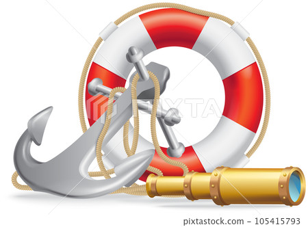 Marine, nautical, sea, ocean set. Flat vector lifebuoy, spyglass, ship anchor on white background Marine, nautical, sea, ocean set. Flat vector lifebuoy, spyglass, ship anchor on white background 105415793