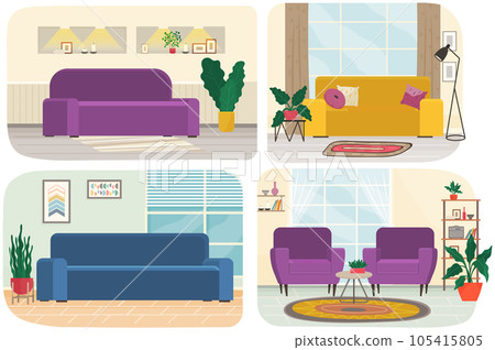 Set of illustrations on theme of interior design decoration and layout of living room and kitchen Set of illustrations on theme of interior design decoration and layout of living room and kitchen 105415805
