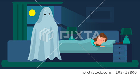 Ghosts in a dream. Girl s fantasy with frightened expression imagining very scary big monster Ghosts in a dream. Girl s fantasy with frightened expression imagining very scary big monster 105415806
