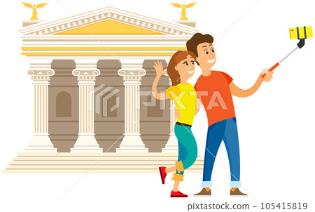 Couple of tourists traveling, take photo in landscape of Rome with pantheon temple column building 105415819